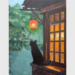 Paisaje oriental y gato