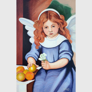 Ángel sentado con naranjas